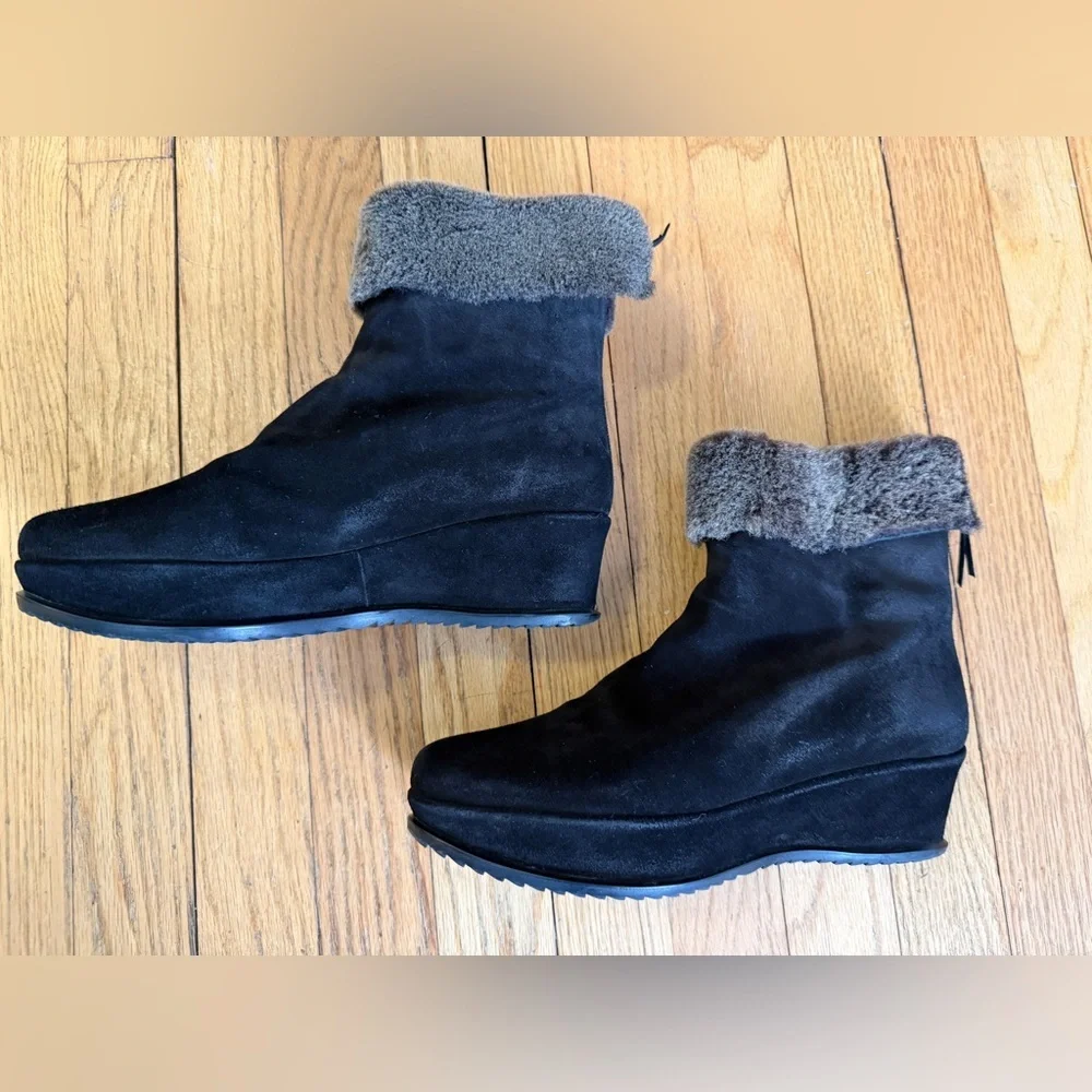 Stuart Weitzman Black Suede Wedge Boots with Fur Cuff